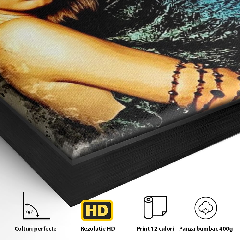 Detaliu al suprafetei: tablou canvas portret femeie misterioasa, in rama de aluminiu negru